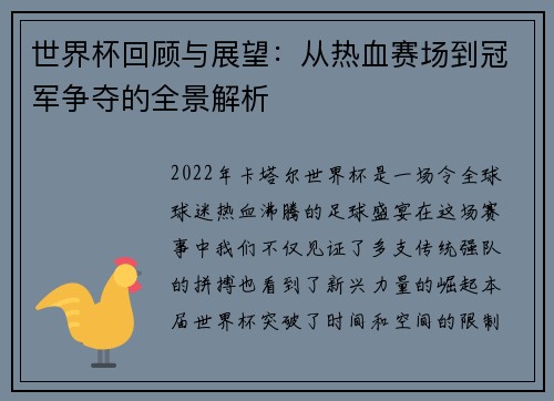 世界杯回顾与展望：从热血赛场到冠军争夺的全景解析